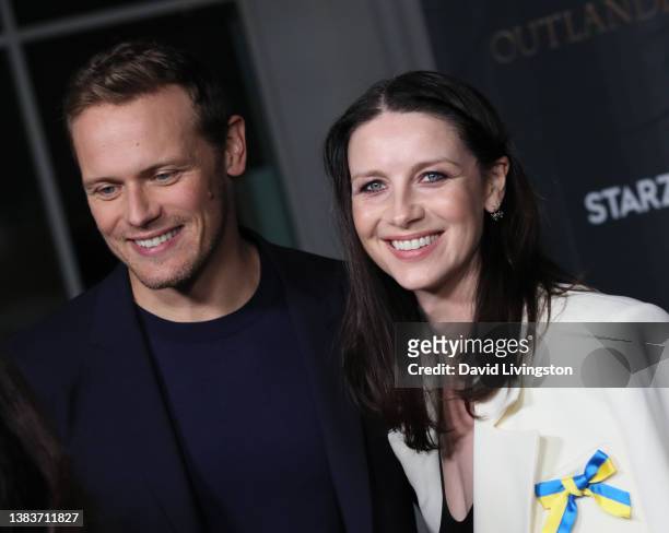 Sam Heughan and Caitriona Balfe attend the Season 6 Premiere of STARZ "Outlander" at The Wolf Theater at the Television Academy on March 09, 2022 in...