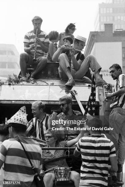 Author Ken Kesey and members of The Merry Pranksters onboard the legendary Day-Glo Bus in June 1964 in New York City, New York.