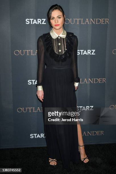 Sophie Skelton arrives at the Season 6 Premiere of STARZ 'Outlander' at The Wolf Theater at the Television Academy on March 09, 2022 in North...