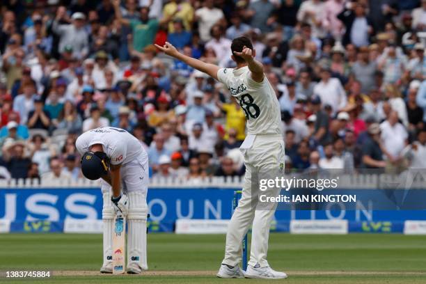 Australia's Josh Hazlewood celebrates after taking the wicket of England's captain Ben Stokes for 155 runs on day five of the second Ashes cricket...