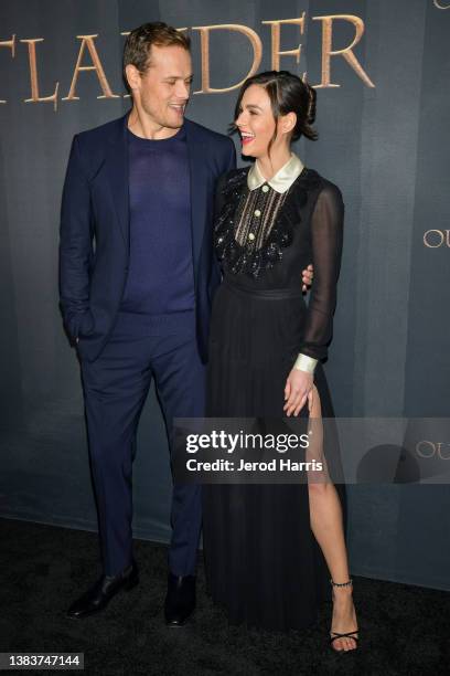 Sam Heughan and Sophie Skelton arrive at the Season 6 Premiere of STARZ 'Outlander' at The Wolf Theater at the Television Academy on March 09, 2022...