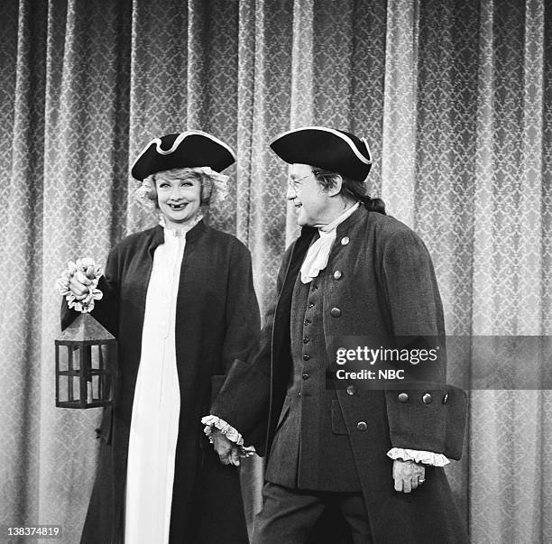 Episode 2 -- Aired 10/2/64 -- Pictured: Lucille Ball as Town Crier, Jack Benny as Paul Revere