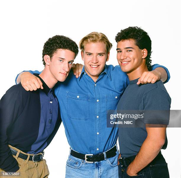 Pictured: Dustin Diamond as Screech Powers, Mark-Paul Gosselaar as Zack Morris, Mario Lopez as A.C. Slater