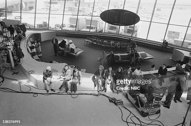 Pictured: Cast and crew of The Fifth Dimension video for "Aquarius/Let the Sunshine In" at J.F.K. Airport during a special presentation of Grammy...