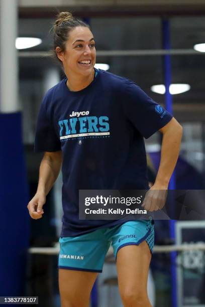 Jenna O’Hea of the Flyers warms up ahead of her final home game after recently announcing her upcoming WNBL retirement during the round 14 WNBL match...