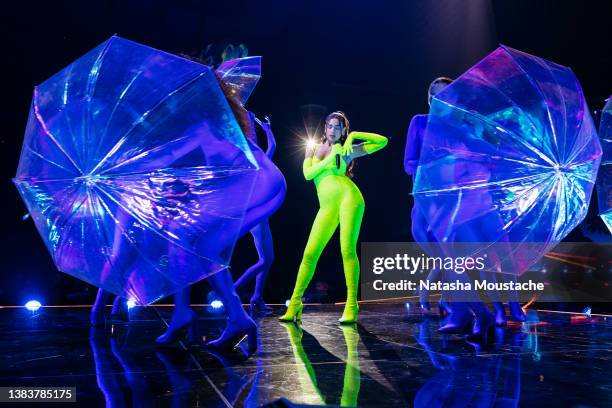 Dua Lipa performs onstage during the Future Nostalgia Tour at United Center on March 09, 2022 in Chicago, Illinois.