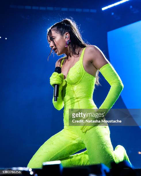 Dua Lipa performs onstage during the Future Nostalgia Tour at United Center on March 09, 2022 in Chicago, Illinois.
