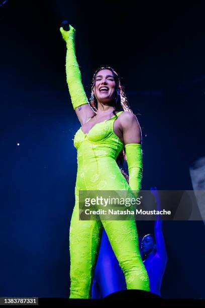 Dua Lipa performs onstage during the Future Nostalgia Tour at United Center on March 09, 2022 in Chicago, Illinois.