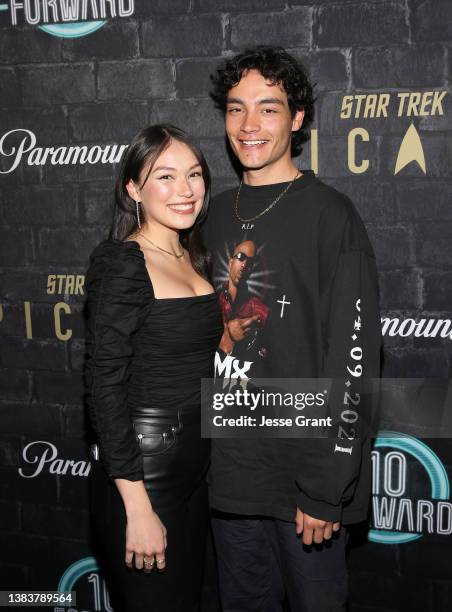 Zoe Cipres and Evan Evagora attend Paramount+'s "10 Forward: The Experience" VIP Opening Night on March 09, 2022 in Los Angeles, California.