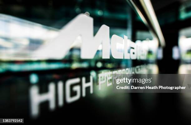 Close-up photograph of the sign for the McLaren High Performance Centre in the Boulevard area of the McLaren Technical Centre, Woking, Surrey, United...