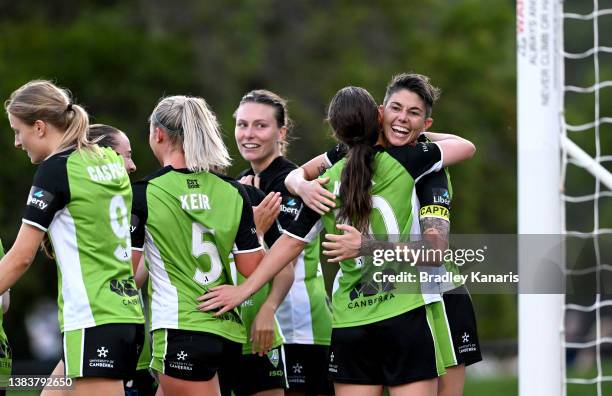 Michelle Heyman of Canberra and team mates celebrate a goal during the A-League Women's match between Brisbane Roar and Canberra United at James...
