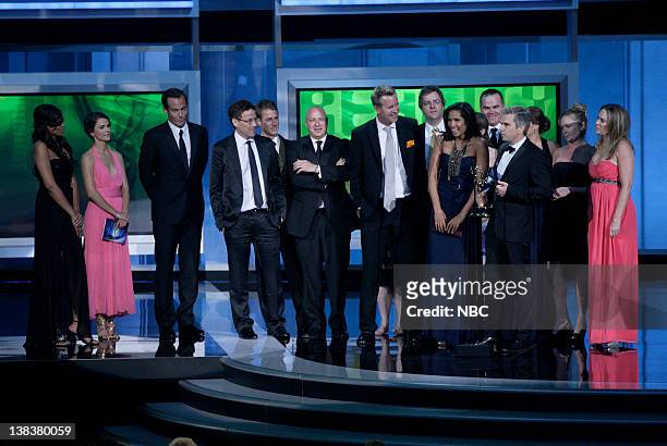 62nd PRIMETIME EMMY AWARDS -- Pictured: Tom Colicchio, Padma Lakshmi, Dan Cutforth "Top Chef" Outstanding Reality - Competition Series on stage...