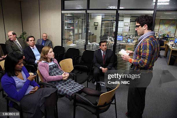 The Delivery, Part 1" Episode 618 -- Pictured: Mindy Kaling as Kelly Kapoor, Craig Baumgartner as Kevin Malone, Ed Helms as Andy Bernard, Creed...