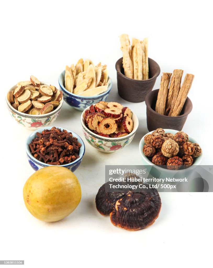 Chinese herbal medicine combinations are placed on the white background