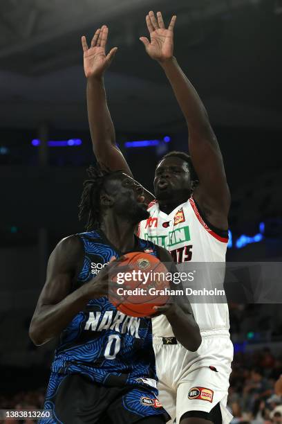 Jo Lual-Acuil Jr of United drives at the basket during the round 15 NBL match between Melbourne United and Perth Wildcats at John Cain Arena on March...