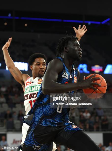 Jo Lual-Acuil Jr of United drives at the basket during the round 15 NBL match between Melbourne United and Perth Wildcats at John Cain Arena on March...