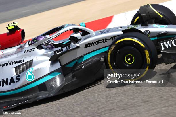 Lewis Hamilton of Great Britain driving the Mercedes AMG Petronas F1 Team W13 during Day One of F1 Testing at Bahrain International Circuit on March...