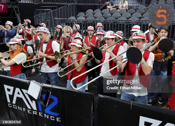Members of the Stanford Cardinal band perform before the team's game against the Arizona Sun Devils during the first round of the Pac-12 Conference...