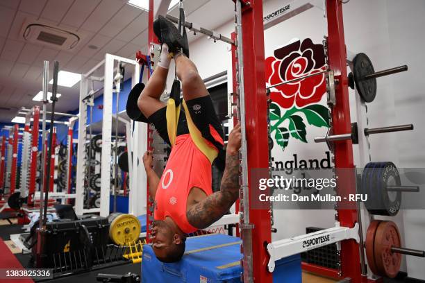 Kyle Sinckler of England trains during a gym session at Pennyhill Park on March 08, 2022 in Bagshot, England.