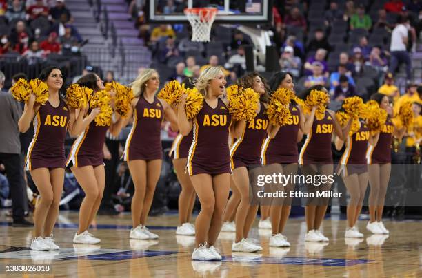 Arizona State Sun Devils cheerleaders perform during the team's game against the Stanford Cardinal in the first round of the Pac-12 Conference...