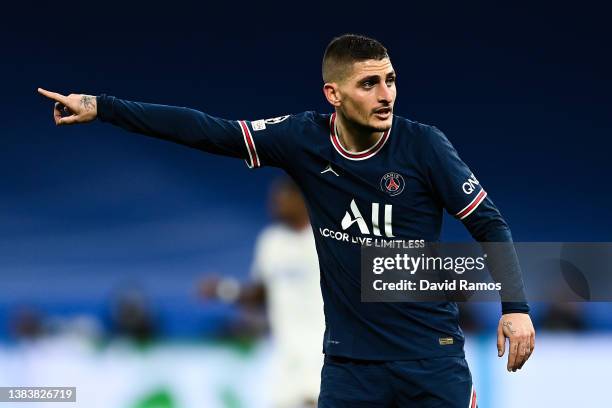 Marco Verratti of Paris Saint-Germain reacts during the UEFA Champions League Round Of Sixteen Leg Two match between Real Madrid and Paris...