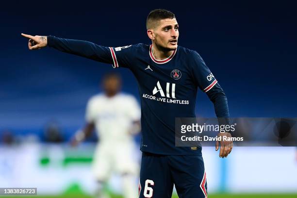Marco Verratti of Paris Saint-Germain reacts during the UEFA Champions League Round Of Sixteen Leg Two match between Real Madrid and Paris...