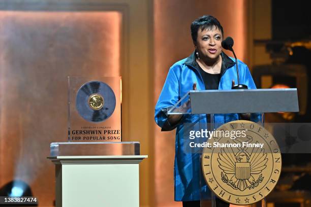 Dr. Carla Hayden, the Librarian of Congress, speaks during the Library of Congress Gershwin Prize for Popular Song concert at DAR Constitution Hall...