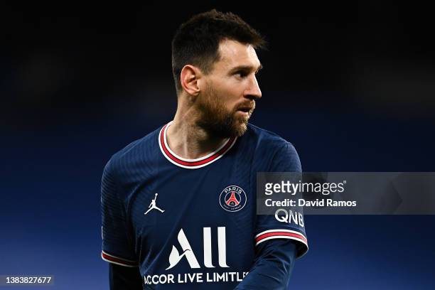 Lionel Messi of Paris Saint-Germain looks on during the UEFA Champions League Round Of Sixteen Leg Two match between Real Madrid and Paris...