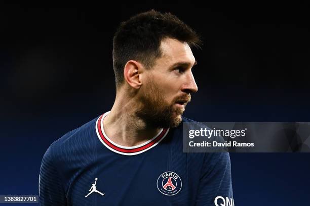 Lionel Messi of Paris Saint-Germain looks on during the UEFA Champions League Round Of Sixteen Leg Two match between Real Madrid and Paris...