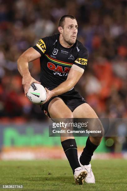 Isaah Yeo of the Panthers offloads the ball during the round one NRL match between the Penrith Panthers and the Manly Sea Eagles at BlueBet Stadium...