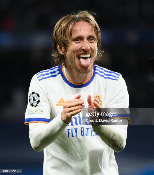 Luka Modric of Real Madrid CF celebrates at the end of the UEFA Champions League Round Of Sixteen Leg Two match between Real Madrid and Paris...