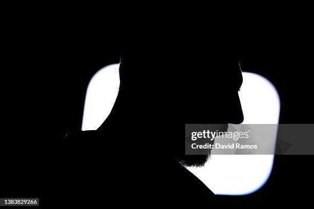 Lionel Messi of Paris Saint-Germain looks on during the warm up prior to the UEFA Champions League Round Of Sixteen Leg Two match between Real Madrid...