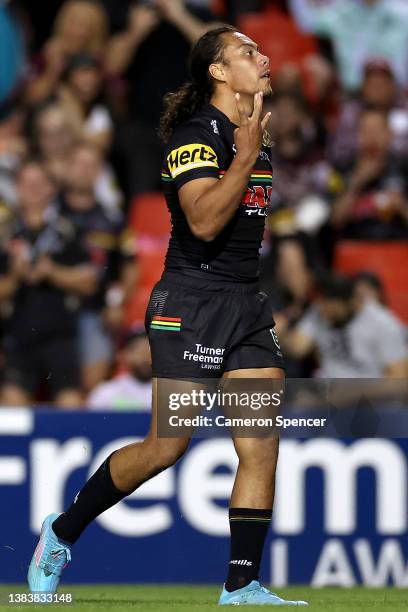 Jarome Luai of the Panthers celebrates after scoring a try during the round one NRL match between the Penrith Panthers and the Manly Sea Eagles at...