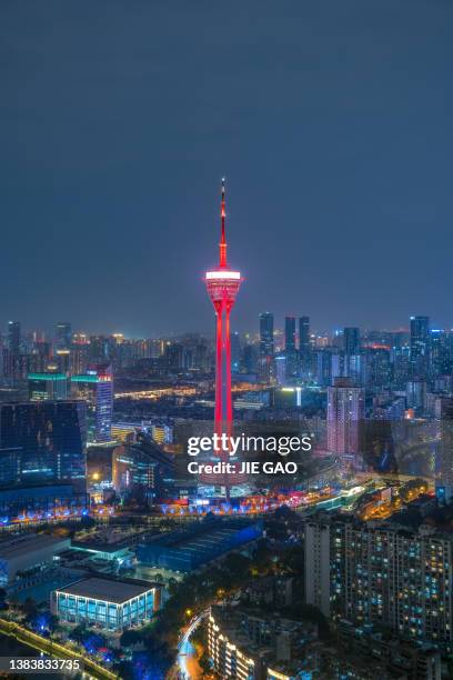 chengdu city skyline at night - city of detroit teeters on bankruptcy as state audits its finances stockfoto's en -beelden
