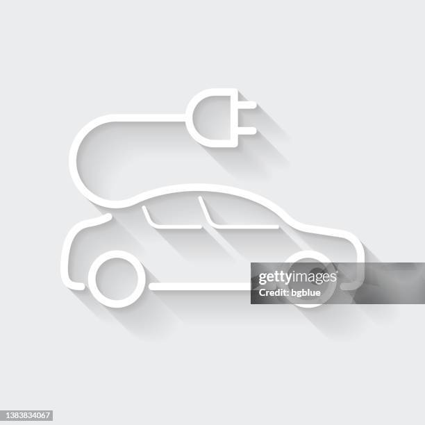 ilustraciones, imágenes clip art, dibujos animados e iconos de stock de coche eléctrico con enchufe. icono con sombra larga sobre fondo en blanco - diseño plano - sedan