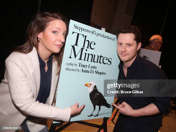 Jessie Mueller and Noah Reid pose at a photo call for the new Tracy Letts play "The Minutes" during rehearsals at The Pershing Square Signature...