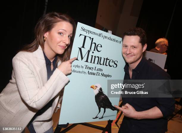 Jessie Mueller and Noah Reid pose at a photo call for the new Tracy Letts play "The Minutes" during rehearsals at The Pershing Square Signature...