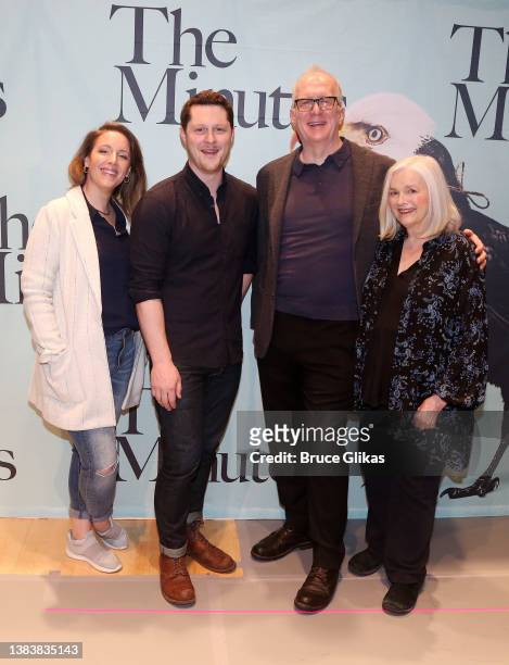 Jessie Mueller, Noah Reid, Playwright/Actor Tracy Letts and Blair Brown pose at a photo call for the new Tracy Letts play "The Minutes" during...