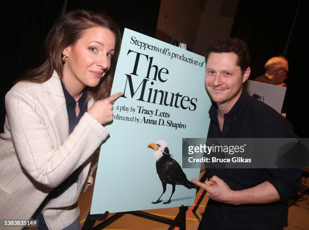 Jessie Mueller and Noah Reid pose at a photo call for the new Tracy Letts play "The Minutes" during rehearsals at The Pershing Square Signature...