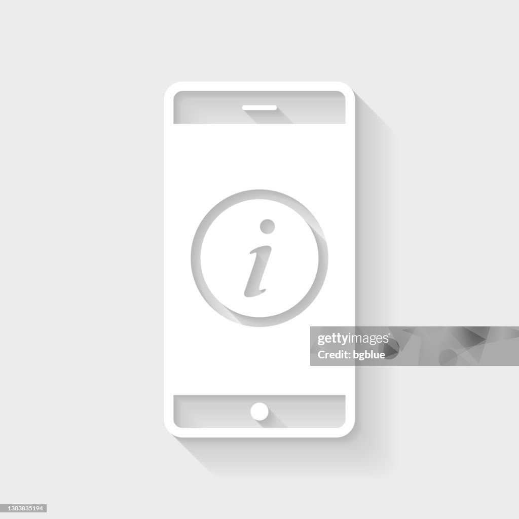 Smartphone mit Informationsschild. Icon mit langem Schatten auf leerem Hintergrund - Flat Design