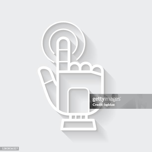 robot hand touch - click. icon with long shadow on blank background - flat design - robot hand human hand stock illustrations