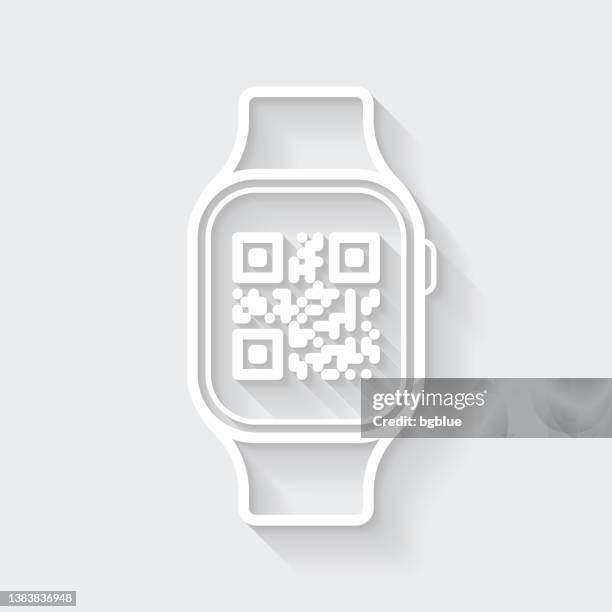 ilustraciones, imágenes clip art, dibujos animados e iconos de stock de smartwatch con código qr. icono con sombra larga sobre fondo en blanco - diseño plano - qr-code-scan-icon