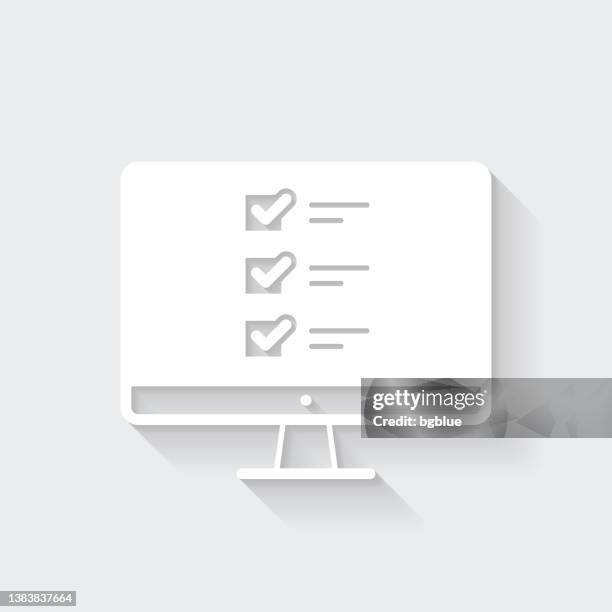 desktop computer with checklist. icon with long shadow on blank background - flat design - using desktop computer at home stock illustrations