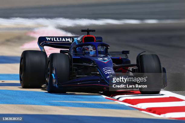 Alexander Albon of Thailand driving the Williams FW44 Mercedes during Day One of F1 Testing at Bahrain International Circuit on March 10, 2022 in...