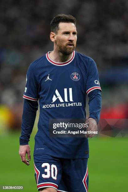 Lionel Messi of Paris Saint-Germain looks on during the UEFA Champions League Round Of Sixteen Leg Two match between Real Madrid and Paris...