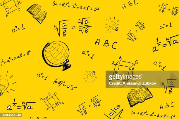 an open book, drawing or design. a globe drawn on a yellow background. mathematical problems, their solution, algebra. drawing of a light bulb. the concept of training, education, passing entrance exams to a university or institute. back to school. - formel stock-fotos und bilder