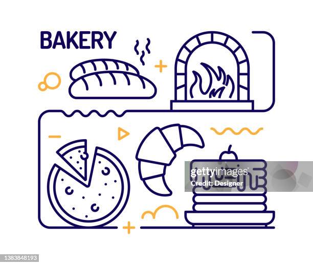 ilustraciones, imágenes clip art, dibujos animados e iconos de stock de concepto de panadería, ilustración vectorial de estilo de línea - cake logo