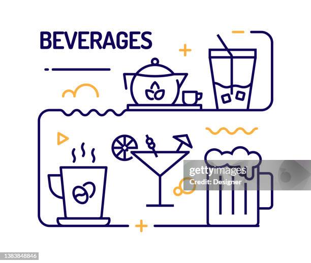 beverages concept, line style vector illustration - drinking cold coffee stock illustrations
