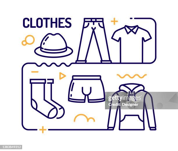 kleidungs- und accessoires-konzept, linienstil-vektorillustration - denim jacket stock-grafiken, -clipart, -cartoons und -symbole