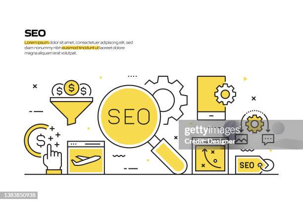 seo-konzept, linienstil-vektorillustration - search engine optimization stock-grafiken, -clipart, -cartoons und -symbole